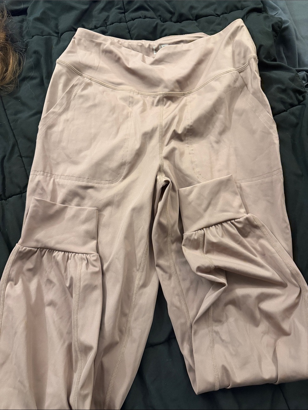 High-Waist Utility Leggings with Gathered Knee Panels in Light Taupe